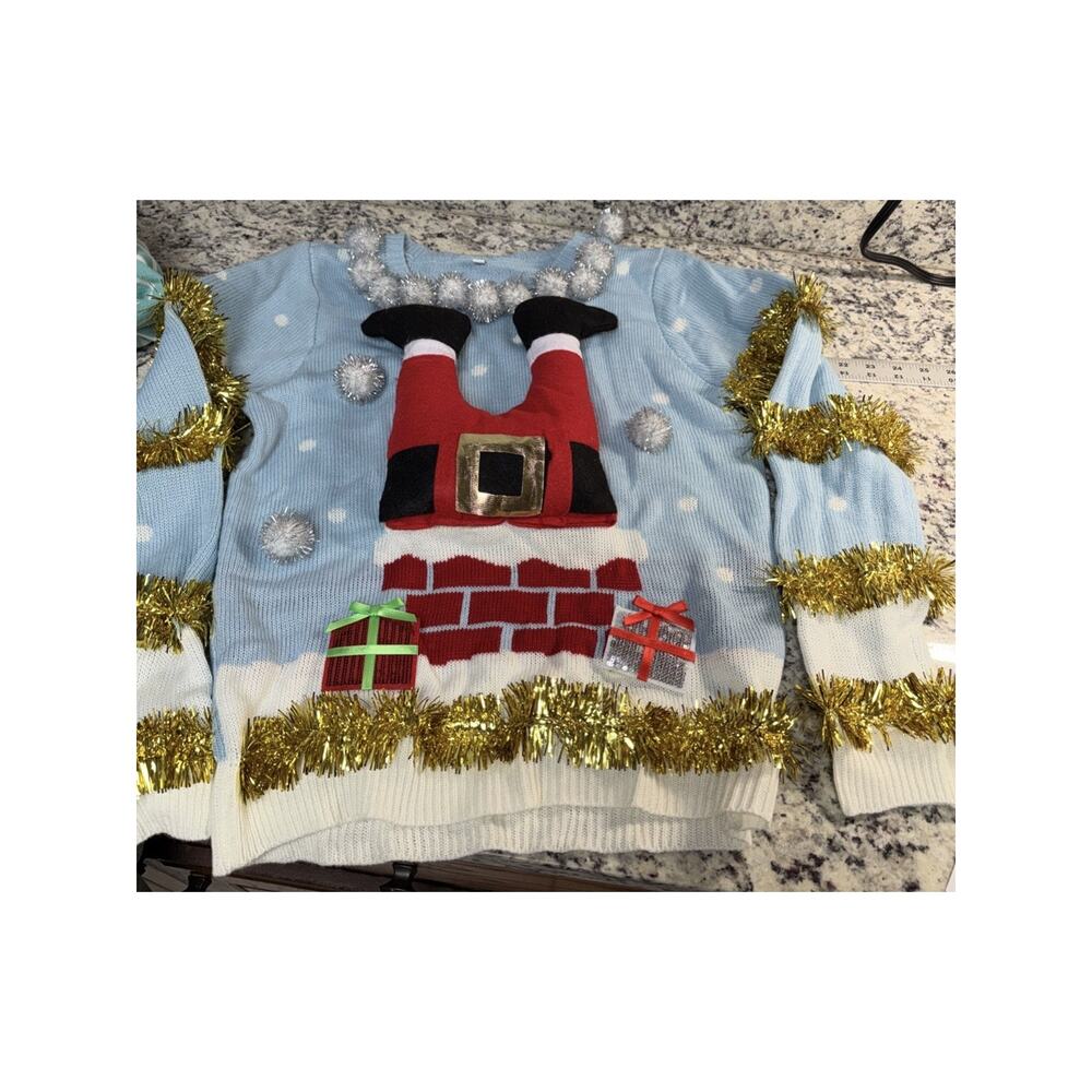 JC Penney Womens Festive Ugly Merry Christmas Party Santa Chimney Sweater Sz L